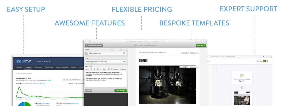 MailAway email marketing platform shown across multiple browsers